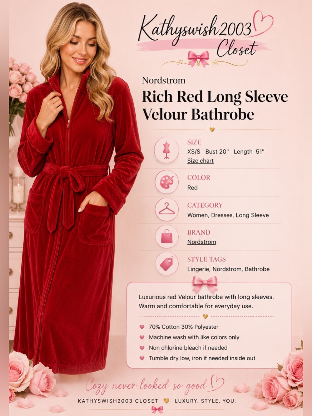 Nordstrom Rich Red Long Sleeve Velour Bathrobe